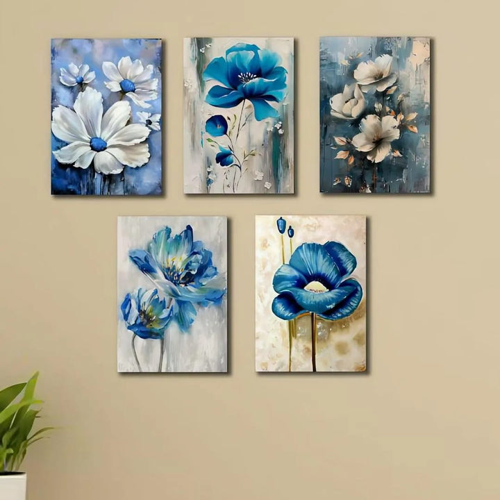 Set of 5 blue flowers wall art wooden frames for home decoratio