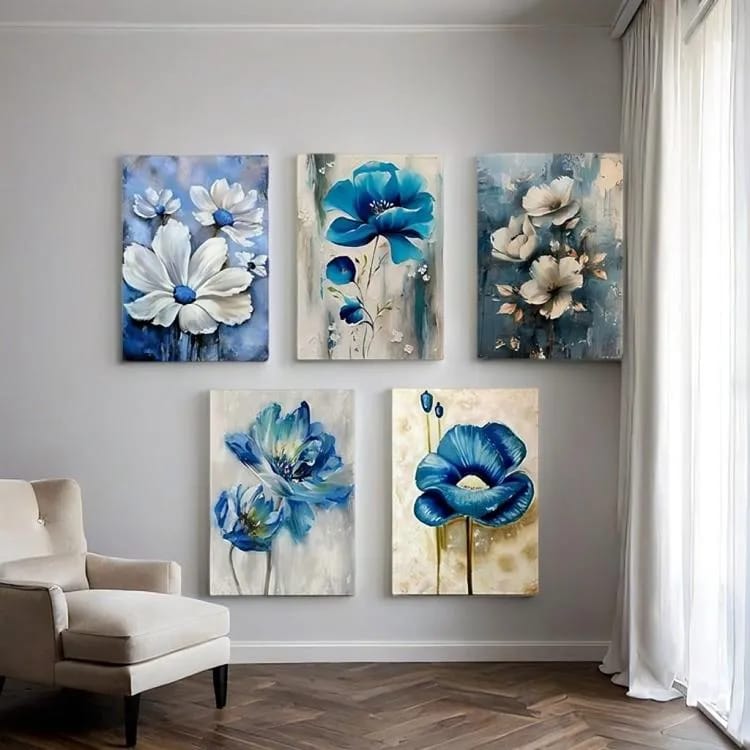 Set of 5 blue flowers wall art wooden frames for home decoratio