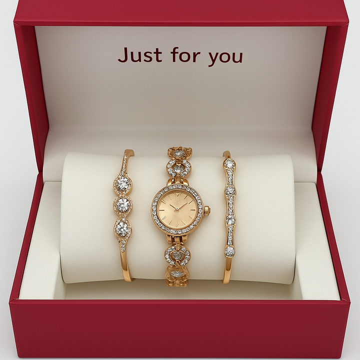 Elegant Women’s Luxury Watch & Bracelet Gift Set – Rose Gold with Crystal Accents