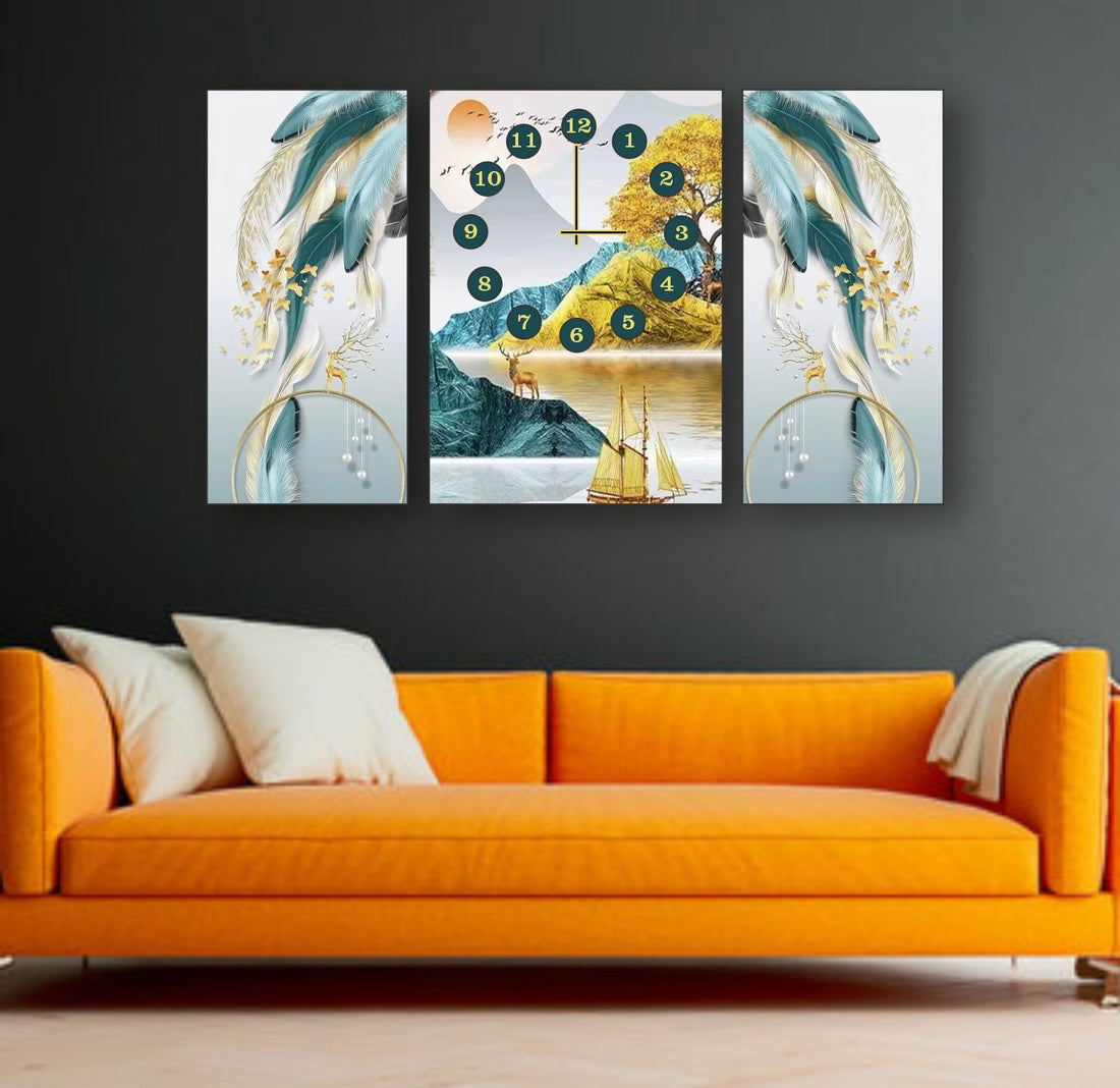 Golden Horizon 3-Piece Wooden Wall Clock Set – Scenic Centerpiece with Abstract Feather Panels Without Cell/Battery.