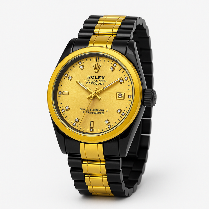 Rolex Datejust Style Luxury Men’s Watch – Black & Gold Two-Tone Stainless Steel with Diamond Hour Markers